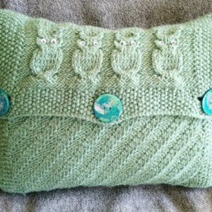Hand Crafted Pillow Knit Sage Green Owl Googly Eye Hand Painted Button H…
